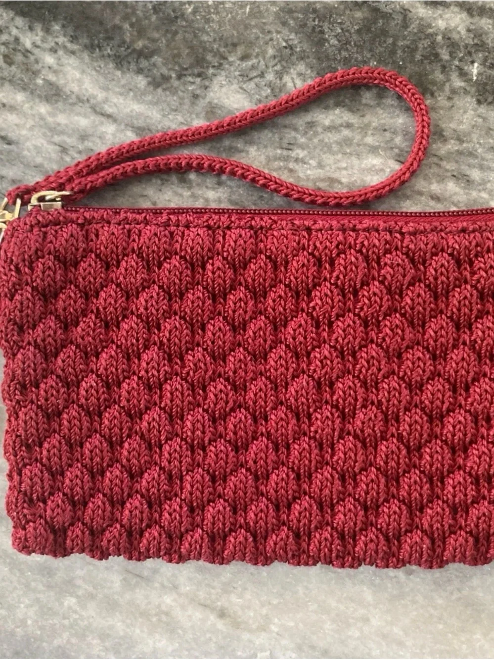 The SAK Original Garnet  Red Crocheted Zip Wristlet - Small  7.5” x 4.5”